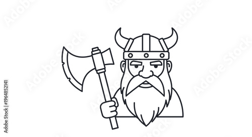 Stylized depiction of a mighty bearded Viking warrior in a horned helmet clutching his formidable