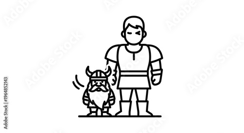 Valiant warrior standing with a boisterous bearded dwarf, an iconic fantasy duo in line art