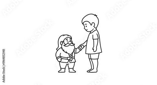 Charming black and white line art depicting a heartwarming handshake between an elderly gnome and