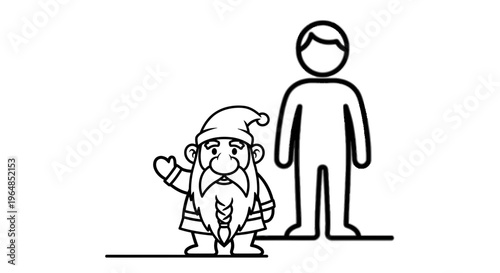 Whimsical gnome and human figure comparison displaying size difference in cartoon style