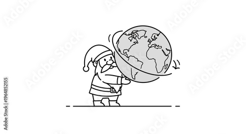 Christmas character spinning planet earth, a conceptual black and white line art illustration
