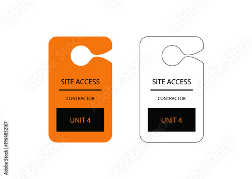 Site access door hanger tags for contractors featuring modern security badge design with unit number labeling. Ideal for construction sites, facilities management, visitor control, and restrictions.