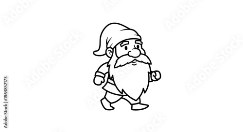 Whimsical black outline drawing of a cheerful garden gnome character taking a pleasant stroll