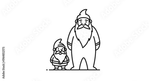 Outline illustration of two whimsical bearded gnomes, one tiny and one tall, standing together on