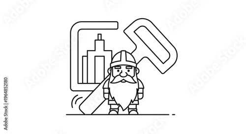 Determined mythical miner character featuring urban development silhouette and powerful tool