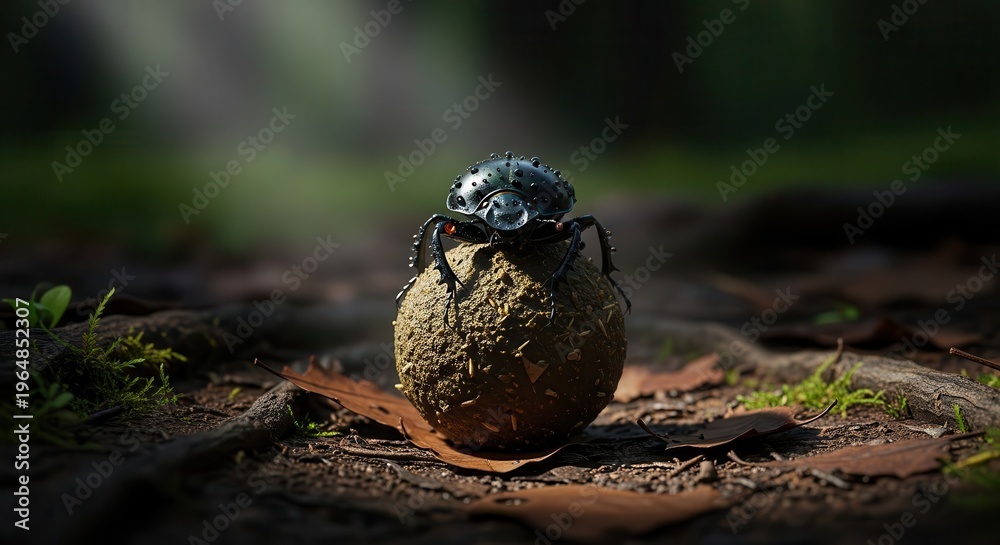 Obraz premium Dark shelled insect balances upon a compact sphere of earth on a forest floor.
