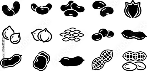 Various types of beans and peanuts icon set