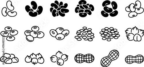 Various types of beans and peanuts icon set