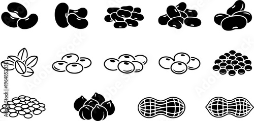 Various types of beans and peanuts icon set