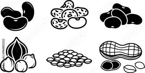 Various types of beans and peanuts icon set