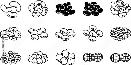 Various types of beans and peanuts icon set