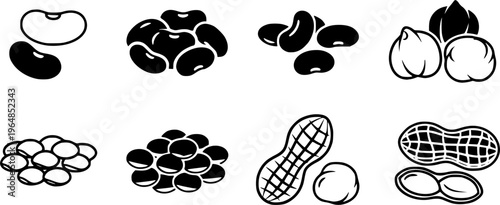 Various types of beans and peanuts icon set
