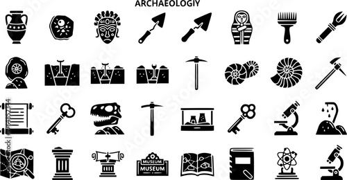 Archaeology Icons Vector Set: Artifacts, Tools, Fossils, Excavation, History, Museum, and Research. Bold Silhouette Graphics Collection for Science Design
