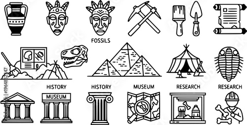 Archaeology Icons Vector Set: Artifacts, Tools, Fossils, Excavation, History, Museum, and Research. Bold Silhouette Graphics Collection for Science Design