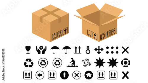 Cardboard boxes and shipping symbols open box closed box
