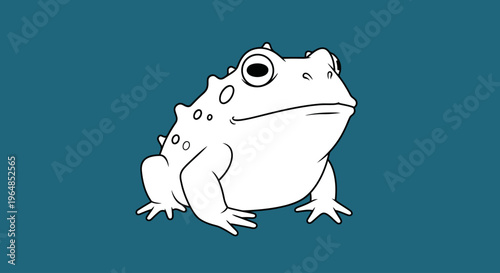A white cartoon frog on blue background.