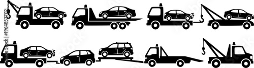 simple tow truck towing broken down car silhouette side view icon symbol