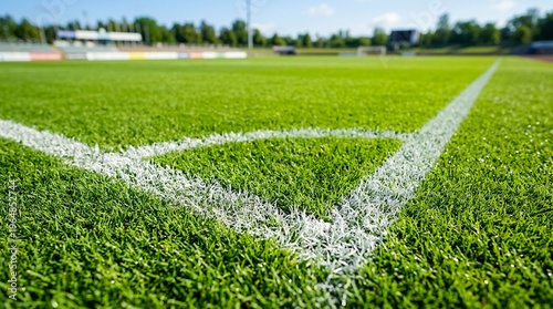Close up view of a corner on a well maintained green grass soccer field with bright sunlight