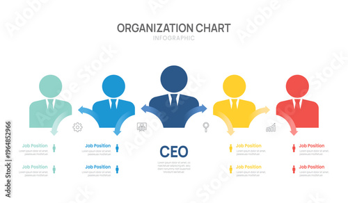 Organization company hierarchy chart Infographic template for with 5 business avatar icons. vector illustration.