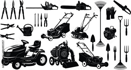 WebComprehensive silhouette collection of gardening and lawn care tools including mowers, pruners, rakes, watering can, gloves, chainsaw, and blower, vector illustration for outdoor 