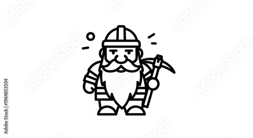 Charming minimalist illustration of a hard-working bearded miner with his trusty pickaxe