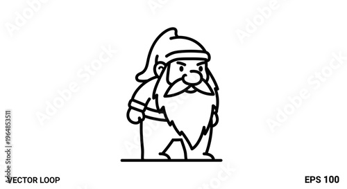 Charming minimalist line art illustration of a grumpy garden gnome character with a long beard and