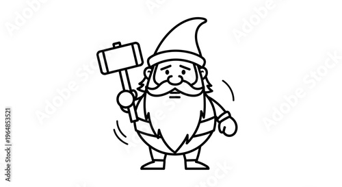 Black outline cartoon character illustration of a whimsical bearded gnome holding a mighty hammer