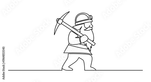Minimalist continuous line art illustration of a determined bearded miner character carrying a