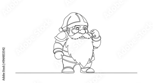 Single continuous line art portraying a joyful bearded fantasy creature adorned in a distinctive hat