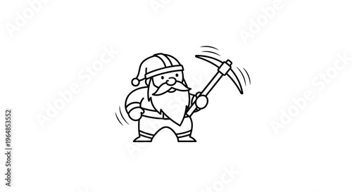 Whimsical cartoon dwarf character with a long beard and a pointed hat holding a sturdy pickaxe,