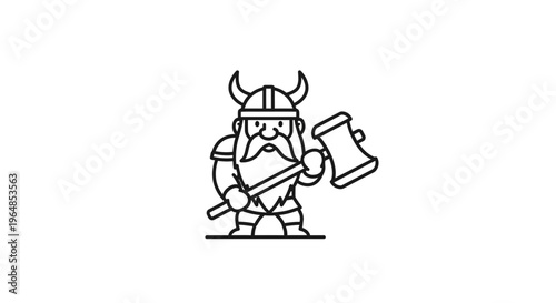 Monochrome line art drawing of a jovial dwarf character in a horned helmet gripping a large hammer
