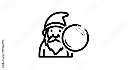 Mystical gnome character with crystal ball icon symbolizing magic and fortune telling