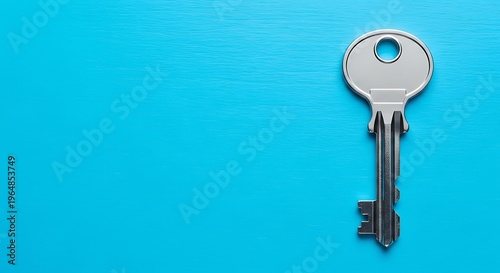 Silver metal house key lies vertically on a solid cyan blue background with plenty of empty space for copy and secure property access concepts today