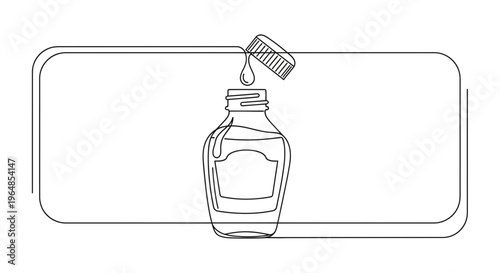 Minimalist continuous line drawing of an open bottle dispensing a liquid drop gracefully