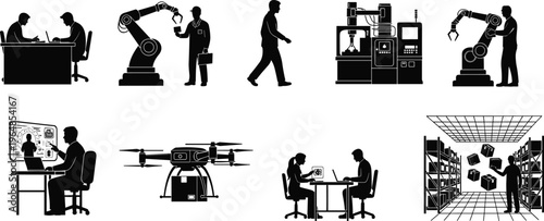 Smart warehouse logistics silhouette set, industrial automation robots drone delivery, worker managing inventory, cad drawing flat vector illustration, flavector, technology