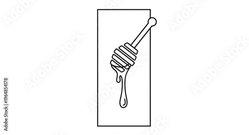 Minimalist black outline drawing of a honey dipper with sweet golden liquid gracefully dripping
