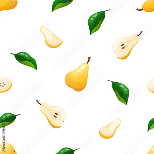 Vector seamless pattern featuring whole and sliced pears