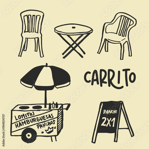 Panchos, hambuerguesas, lomitios, carrito con sillas y mesas de plástico. Plantilla de doodles icono