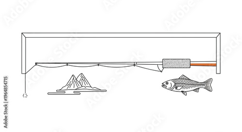 Outdoor fishing adventure concept captured in a clean line art style with mountains and fish