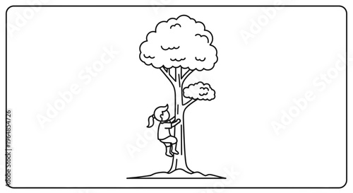 Minimalist line art illustration of a cheerful child actively climbing a tall tree enjoying nature