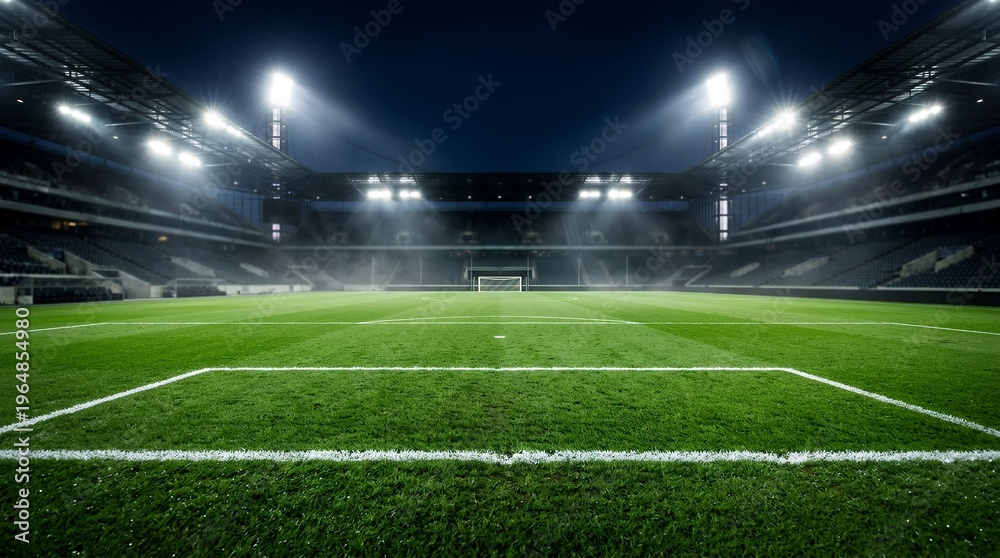 Fototapeta premium Wide view of illuminated empty green soccer field in large modern stadium
