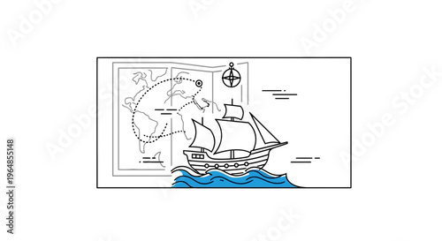 Illustrated historical ocean exploration journey featuring a classic sailing vessel navigating the