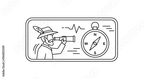 Line art illustration of a bearded man in a feathered hat with a spyglass and a compass,