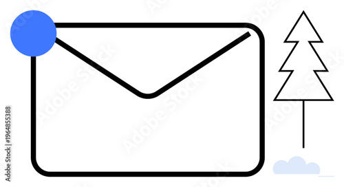Communication, holiday greetings, notifications, email, digital correspondence, festive updates. A large envelope with a notification dot and a minimal tree. Communication and holiday greetings