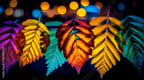 Autumn Leaves with Colorful Gradient in Dark Background for Bokeh Light Design