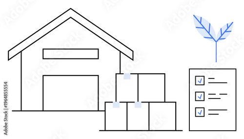 Logistics, supply chain, sustainability, storage organization, eco-friendly operations, inventory tracking. Warehouse with boxes and checklist. Logistics and supply chain concepts