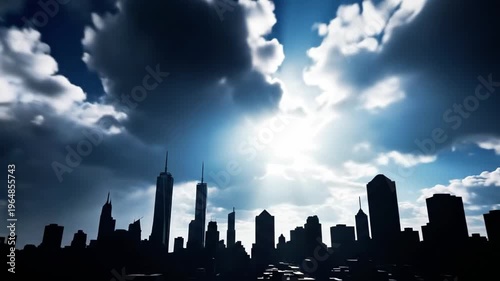 A city skyline silhouette with sun rays piercing through dark clouds