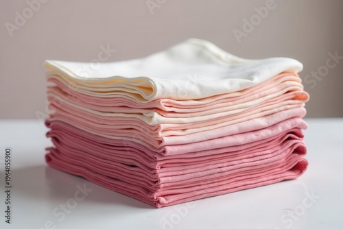 A neatly stacked pile of soft, pastel-colored fabric squares, showcasing a gradient of delicate pinks and creams, ideal for crafting, home d?cor, or other creative endeavors.