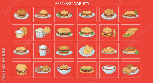 A digital illustration of two cartoon burgers on a red background, conveying a casual and appetizing mood for use in food marketing or advertising.