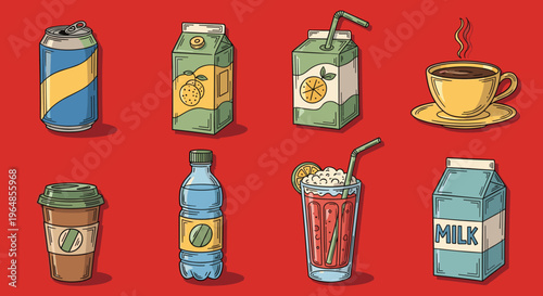 A cheerful cartoon illustration of a coffee cup on a red background, perfect for marketing and advertising use.